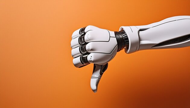 Robot Hand Giving Thumbs Down on Orange Background - Powered by Adobe