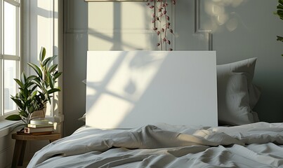 Serene bedroom with a blank canvas on the nightstand