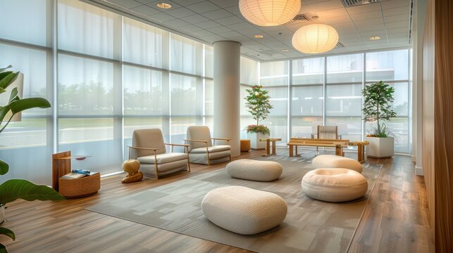office with a dedicated space for mindfulness practices, featuring soft lighting and serene decor