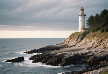 White lighthouse on a spoiled cliff with pale grass, dark rocks, pale grey northen sea, cloudy sky, winter time