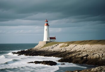 White lighthouse on a spoiled cliff with pale grass, dark rocks, pale grey northen sea, cloudy sky, winter time