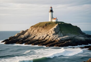 White lighthouse on a spoiled cliff with pale grass, dark rocks, pale grey northen sea, cloudy sky, winter time