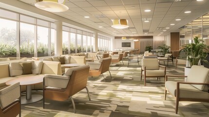 office with a spacious break room, featuring comfortable seating and calming decor for relaxation