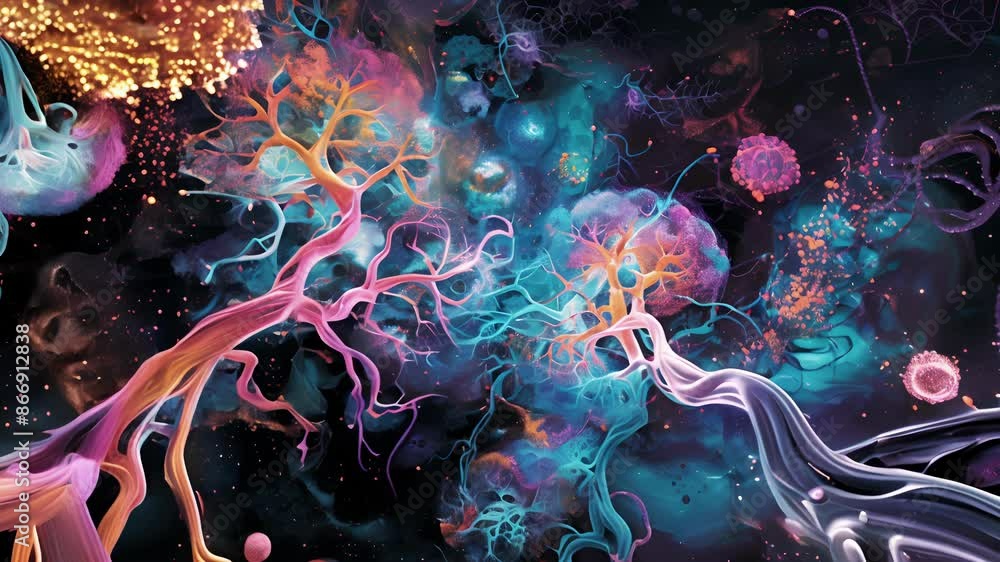 Poster vibrant colors used to depict the flow of neurotransmitters during reuptake creating a beautiful but