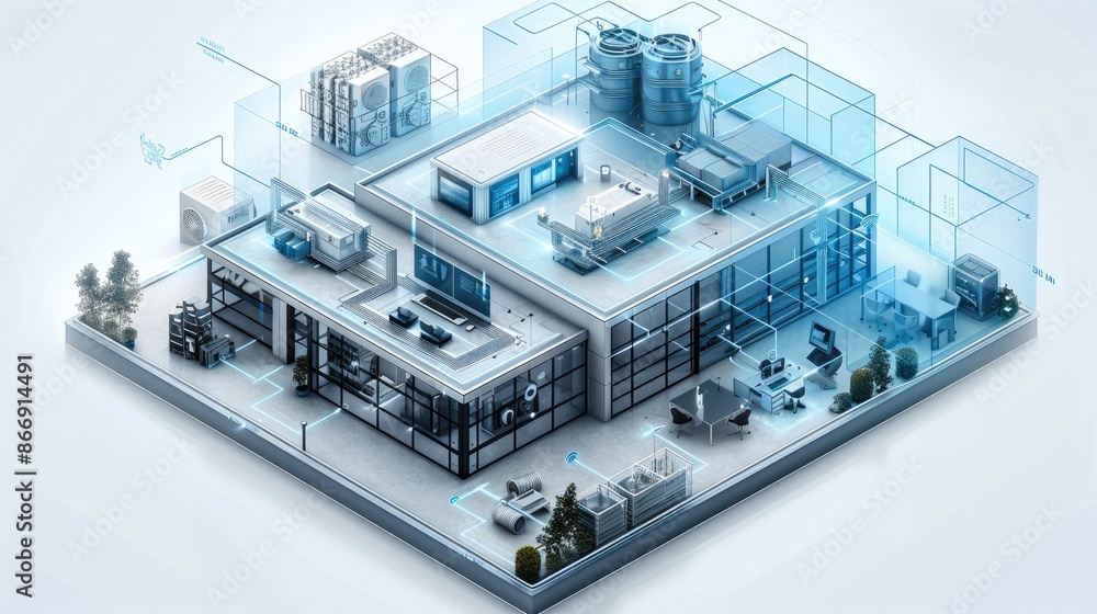 Poster Large building diagram with wired and wireless installation of video conferencing system, in the style of light blue and black, busy compositions. isometric, 3D. Generative AI.