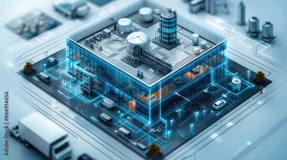 Poster large building diagram with wired and wireless installation of video conferencing system, in the sty