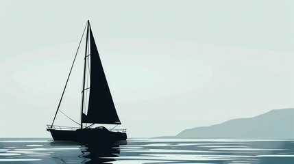 A minimalist illustration of a sailboat silhouetted against a calm ocean at sunset, with a distant coastline visible in the background. Generative AI