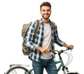 Smiling young man with bicycle and backpack isolated on transparent background