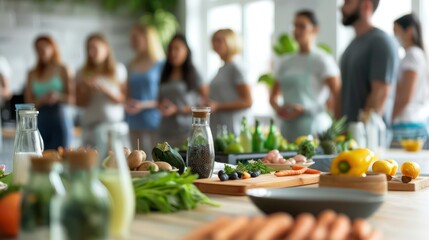 Colleagues organizing a wellness day, featuring activities like yoga, meditation, and healthy cooking demos