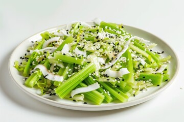 Colorful Celery and Coconut Salad with Fresh Grated Coconut and Black Sesame Seeds
