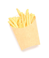 Paper box with tasty french fries isolated on white background