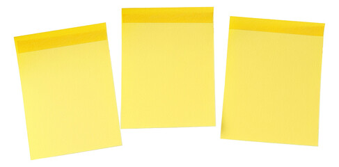 Three yellow sticky notes in a row isolated on transparent background