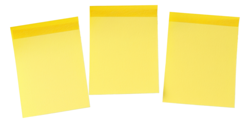 Three yellow sticky notes in a row isolated on transparent background