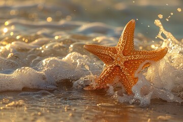 Starfish in the shallow beach waves