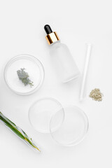Petri dishes with plants and bottle of cosmetic product on white background
