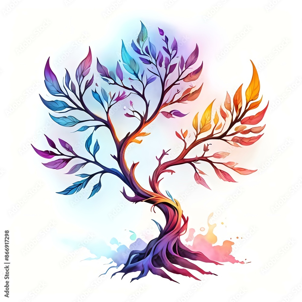 Poster vibrant artistic illustration of a colorful tree with abstract elements, ideal for design projects, 