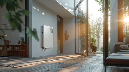 Home electricity backup system, one battery on a wall, sleek. Generative AI.