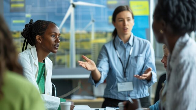 Employees participating in a corporate sustainability workshop, learning about green business practices and renewable energy