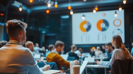 Entrepreneurs attending a seminar on digital marketing, engaging in discussions and taking notes in a large conference room