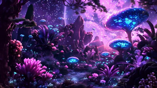 An otherworldly alien planet covered in iridescent flora that glows in the dark and is home to strange eyecatching creatures.