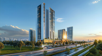 Fototapeta premium An open grid layout along the road side with a tower-style design. The architectural style is modern and minimalist, featuring large glass facades and high ceilings. under a clear sky. Generative AI.