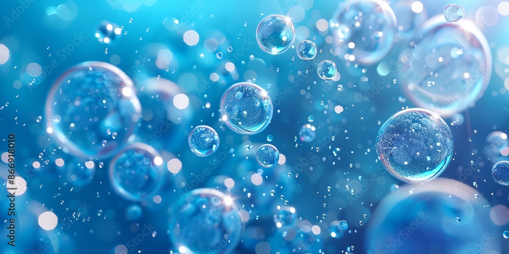 Poster a blue background with many small bubbles floating in the air. the bubbles are all different sizes a