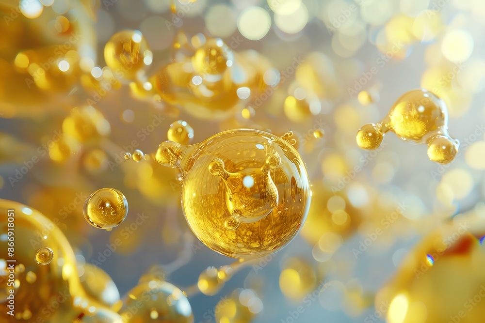Poster a bunch of yellow bubbles floating in the air. the bubbles are all different sizes and shapes, but t