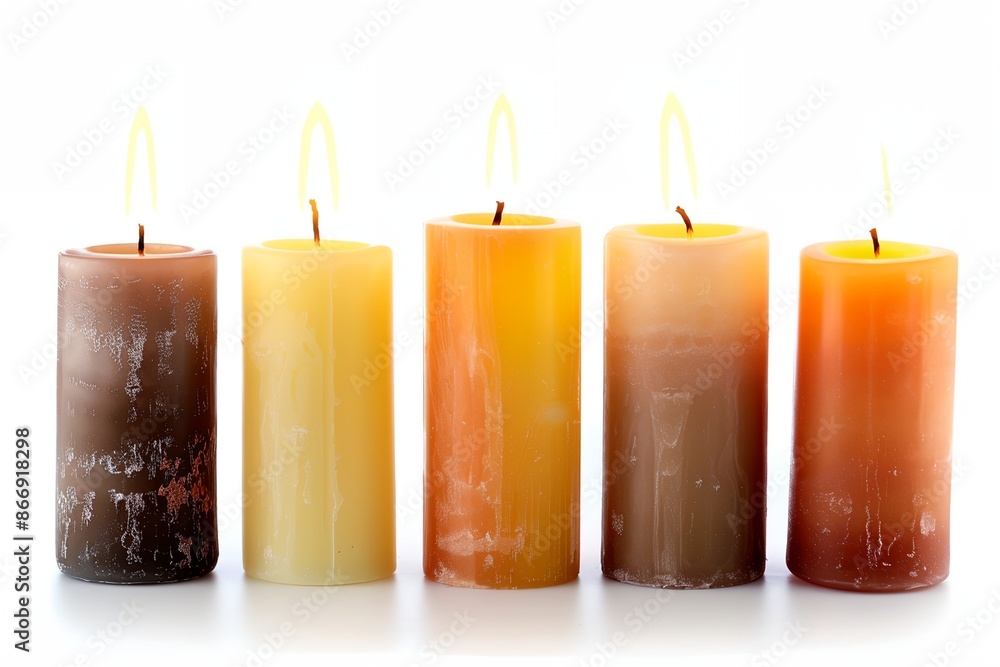 Poster a row of five candles with different colors and sizes. the candles are lit and are arranged in a str