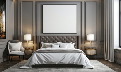 Elegant bedroom with a blank canvas on the nightstand