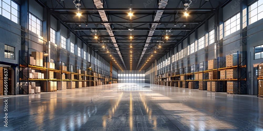 Poster a large warehouse with many shelves and boxes. the space is very open and bright, with a lot of ligh