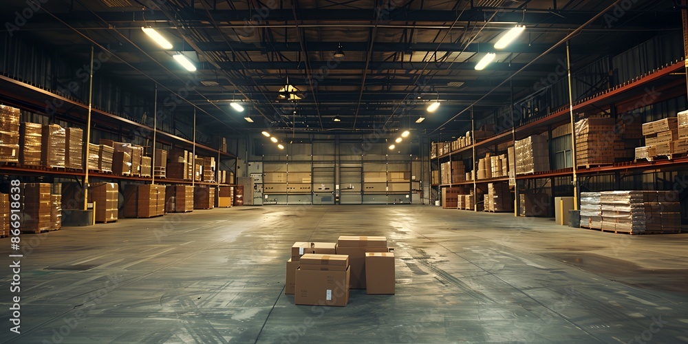 Poster a large warehouse with a lot of boxes stacked on shelves. the boxes are mostly empty, but there are 
