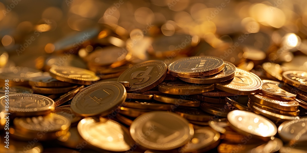 Poster a pile of gold coins with the number 9 on them. the coins are piled on top of each other, creating a