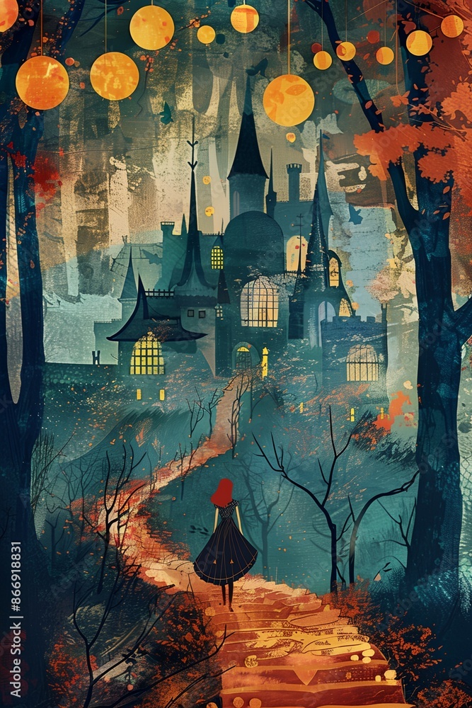 Aufkleber a woman is walking down a path in a forest. the path is lined with trees and there is a castle in th