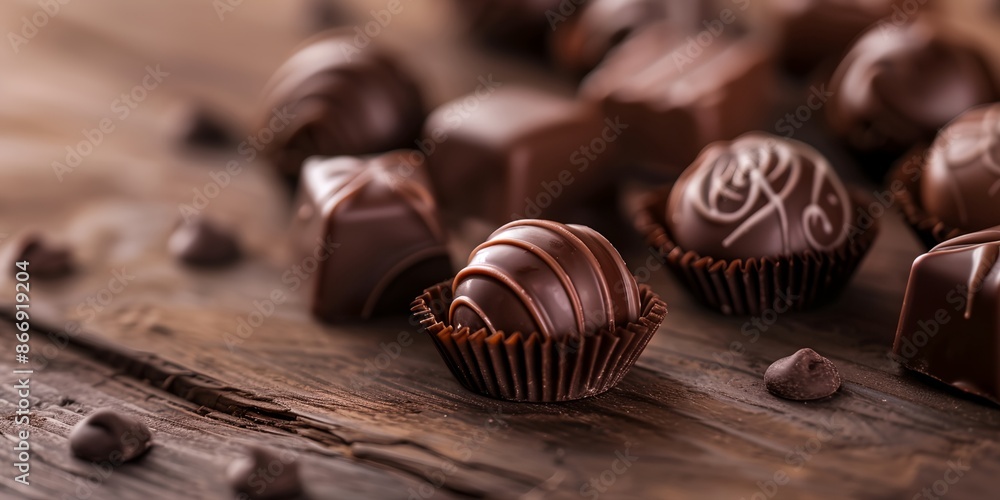 Poster a close up of a variety of chocolates on a wooden table. the chocolates are in different shapes and 