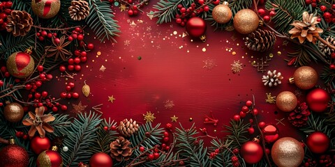 A red background with a bunch of Christmas decorations including pine cones and gold and red balls