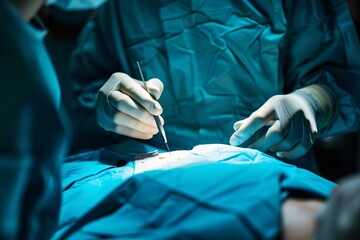 A close-up photo of a surgeon using a scalpel to make an incision on a patient's abdomen in an operating room