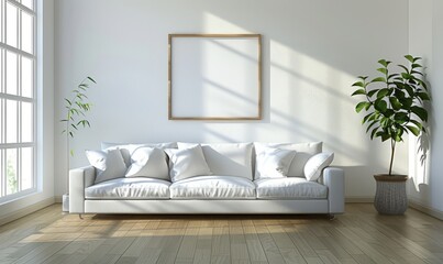 Serene living room with a blank frame on the wall