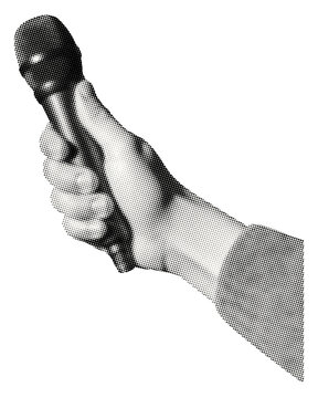 hand with microphone isolated retro halftone grunge dotted effect vintage collage element