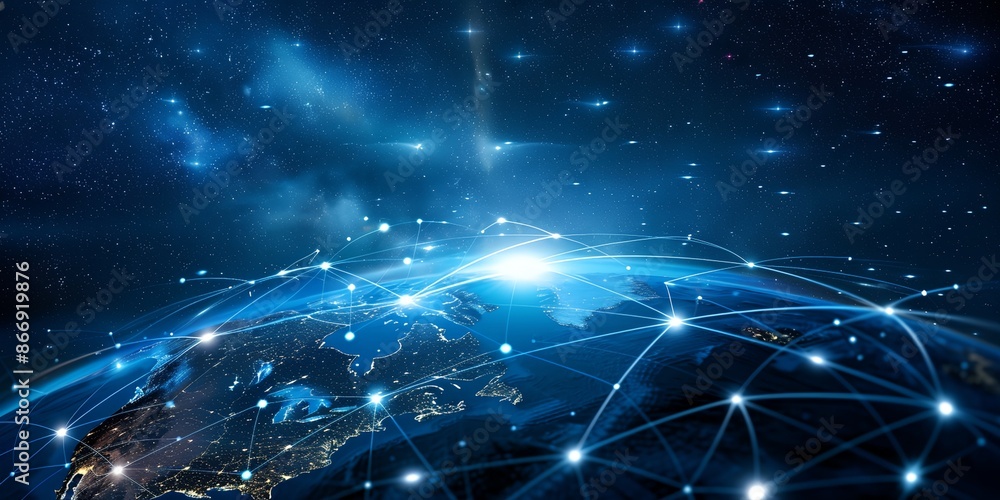 Poster a blue and white image of a planet with a network of lines connecting it. concept of interconnectedn