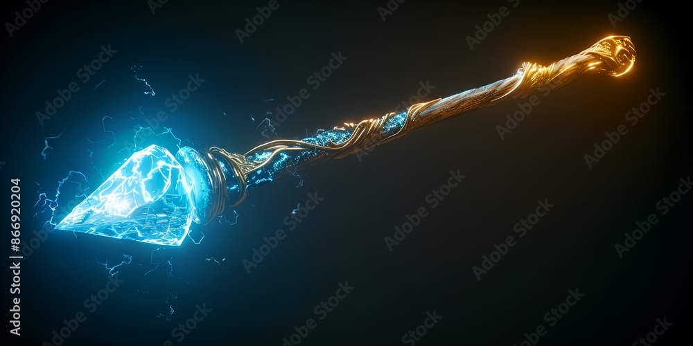 Poster a glowing, blue and orange object with a sharp point