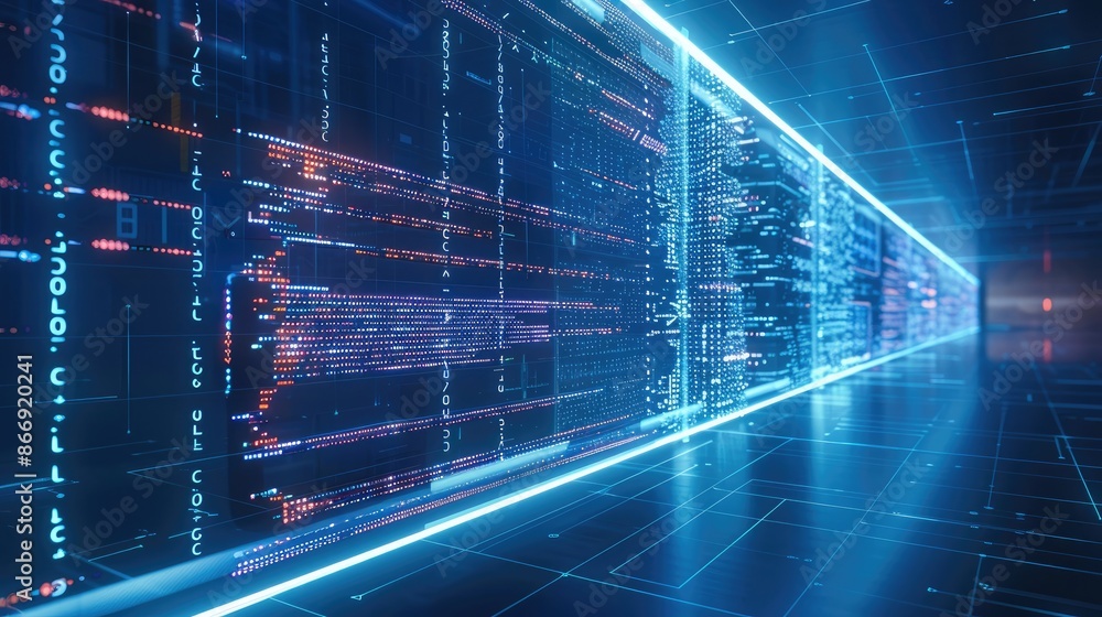 Aufkleber Software code line and a virtual screen with an architecture diagram, blue color style. Generative AI.