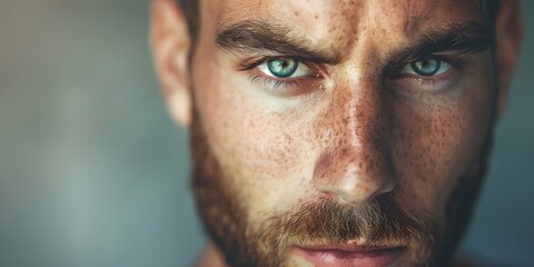 Obraz premium A man with a beard and blue eyes. He has a serious look on his face. The man's eyes are open and staring straight ahead