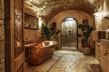 Elegant bathroom featuring a copper tub, mosaic tiles, and warm lighting for a cozy ambiance