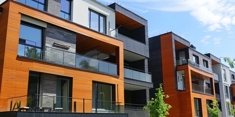 A row of brown and black apartment buildings with balconies. The buildings are tall and have a modern design. The sky is clear and the sun is shining brightly