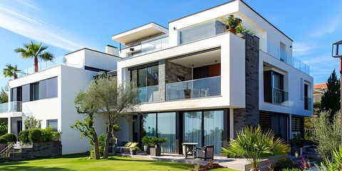 Fototapeta premium A large white house with a balcony and a tree in front of it. The house is surrounded by a lush green lawn