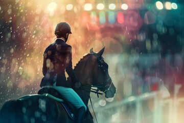 Equestrian Rider Awaiting Olympic Results with Horse in Grand Stadium Setting