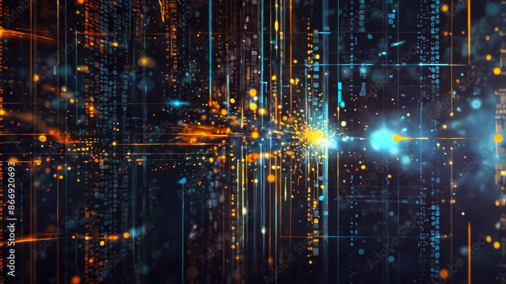 Poster digital cyberspace with particles and digital data network connections. abstract background concept