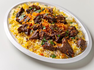 A high-resolution, realistic photo of yellow basmati mutton biriyani on a white oval plate, with pieces of beef meat scattered around