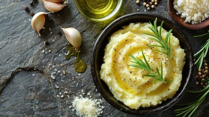 Mediterranean style mashed potatoes with rosemary Parmesan garlic and olive oil on a stone surface