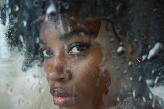 diverse beautiful woman face closeup through a glass with raindrops, intimate moments of self reflection, resilience, and self-discovery, depression and mental health awareness